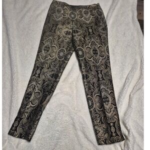Per Se Womens Black Gold Metallic Paisley Brocade Ankle Pants Side Zip Size 2
